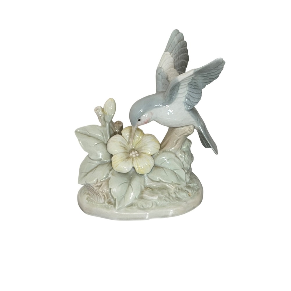 Unbranded Hummingbird Figurine Home Decor 6" Blue Grey Porcelain Flower Bird